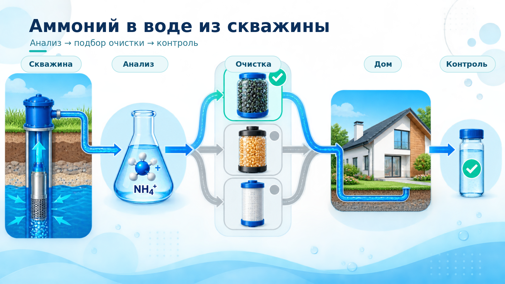 Схема анализа и очистки воды из скважины от аммония