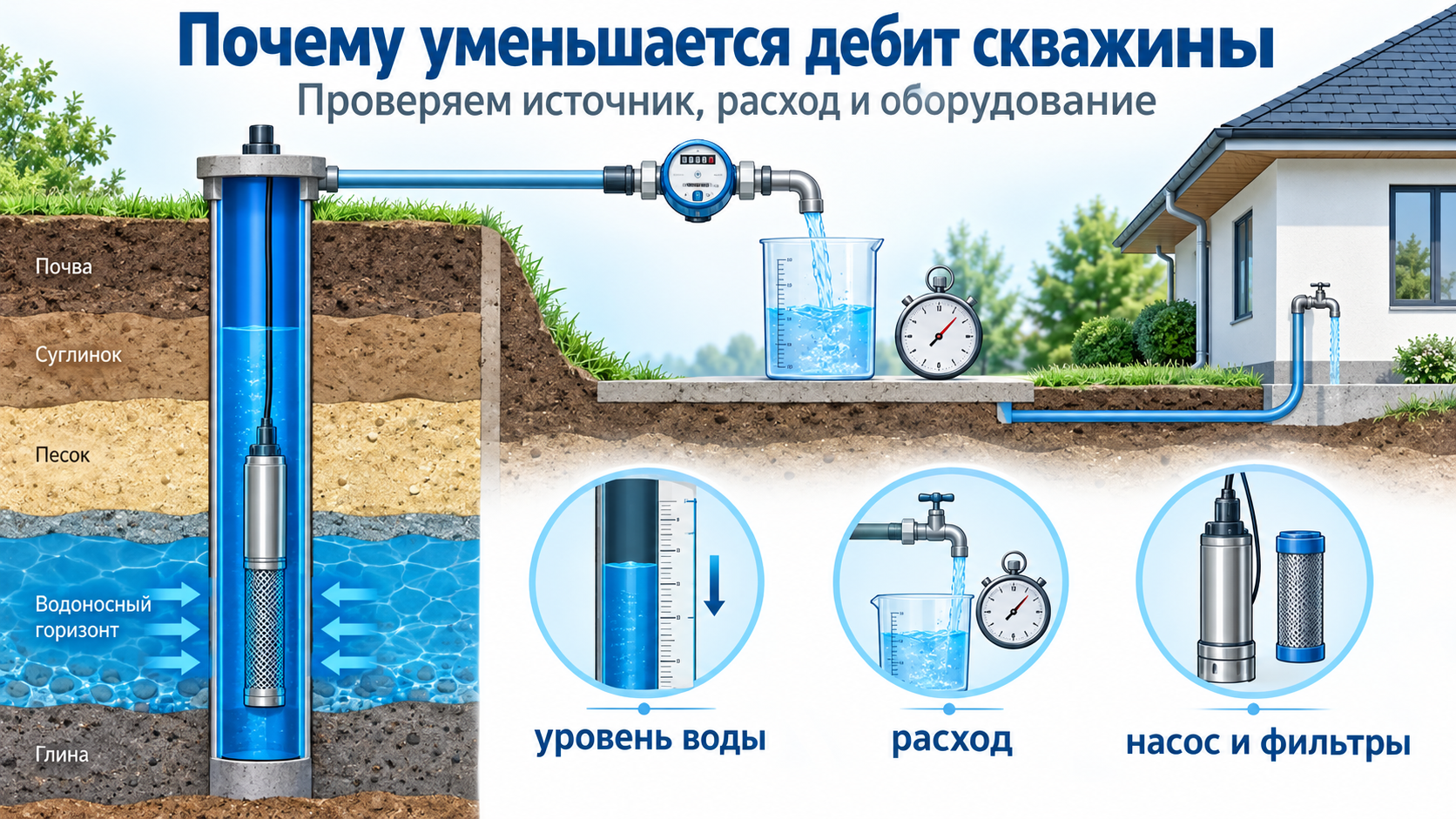 Почему уменьшается дебит скважины: проверка уровня воды, расхода, насоса и фильтров